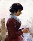 Theodore Robinson Famous Paintings - Girl in Red Sewing